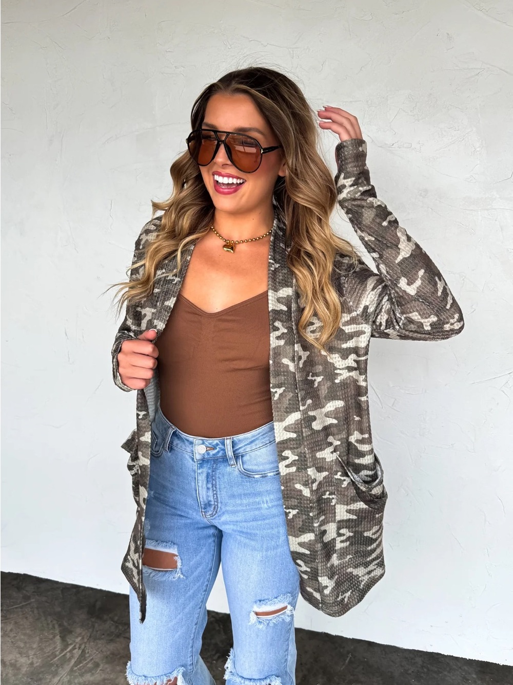 Camo Waffle Knit Cardigan with Thumbholes